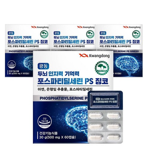 광동 두뇌 인지력 기억력 포스파티딜세린 PS 징코 은행잎 추출물 혈행개선, 4개, 60정