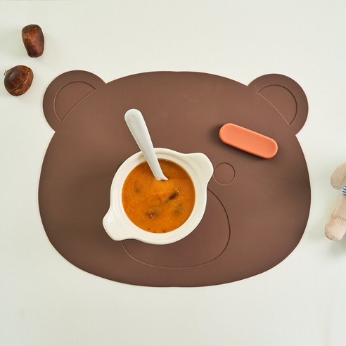 곰돌이 실리콘 테이블 식탁 매트 유아 이유식 식기 매트, 초코브라운, 1개