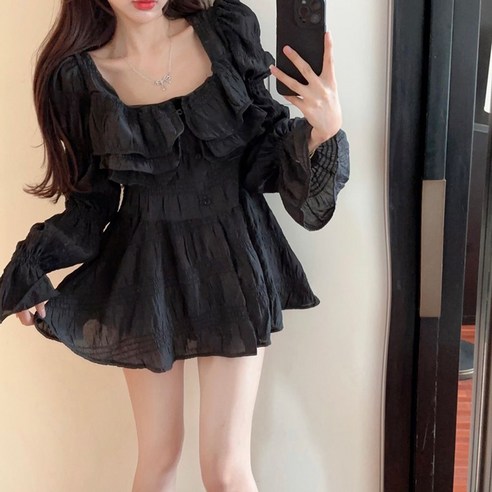 [당일출고] 퍼프 쉬폰 프릴 캉캉 롱 플레어 긴팔 블라우스