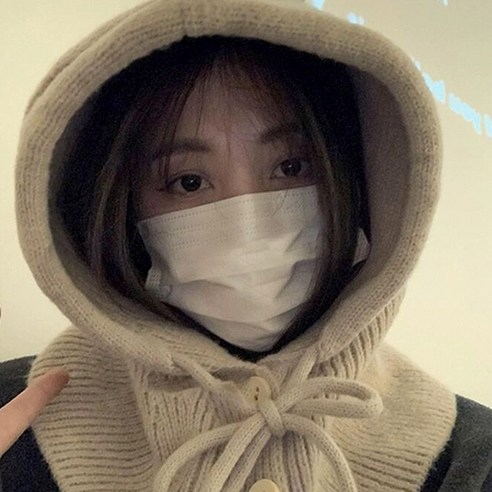 글램디아 따뜻한 니트 바라클라바 따스넥워머 겨울방한모자, 베이지, 1개