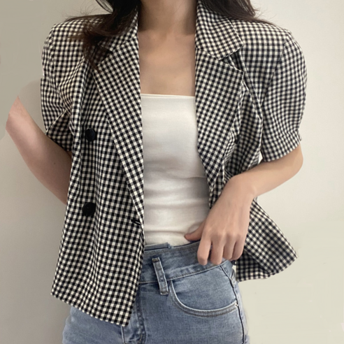 나라라오리 여성용 고방체크 퍼프 반팔 자켓 여름자켓 린넨자켓