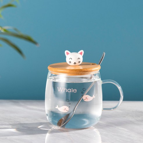 귀여운 고양이 빨대 유리컵 고안치 아침컵 유리 도매대 실리콘 뚜껑 물컵 인쇄 가능 로고, 고양이 분어 B형 [나무 덮개+스테인리스 스푼], 400ml