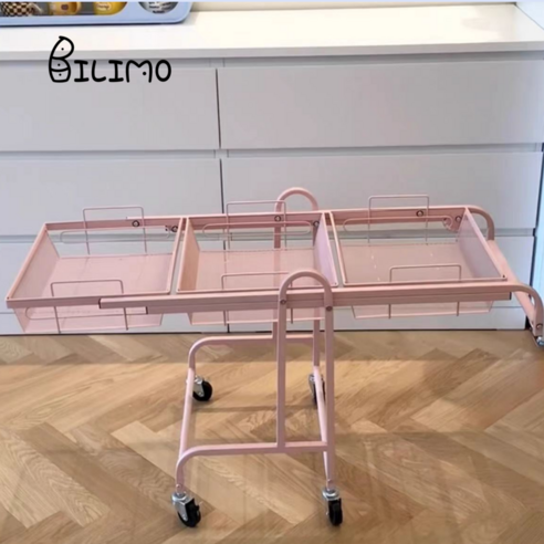BILIMO 다층수납 회전선반 트롤리 다용도 이동식 원터치 접이식 주방 수납 3단, 핑크