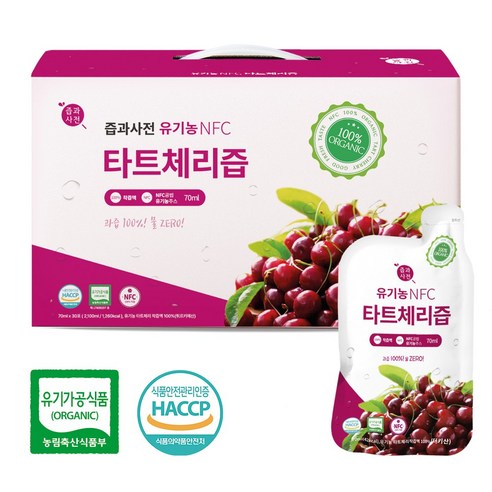 유기농 NFC 체리즙 70ml 30포 1박스 – 100% 착즙 원액, 30개 
건강즙/음료