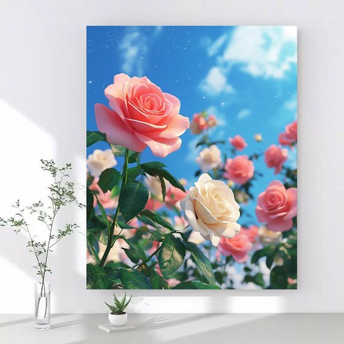 보석십자수 캔버스형 DIY 액자형 40x50cm 3D 대형 다이아몬드페인팅 그림 구슬십자수 행운 거실 인테리어 그림, 1개, 17 핑크 장미꽃