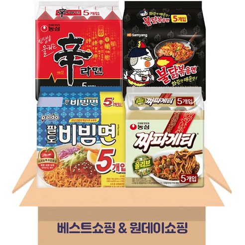 신라면 5개 불닭볶음면 5개 짜파게티 5개 비빔면 5개 인기 봉지라면 4종 세트, 1개, 20p