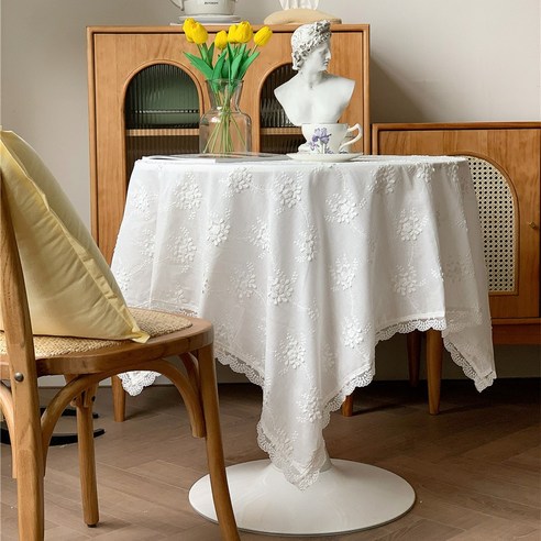 DFMEI 프랑스 목가적인 화이트 레이스 식탁보 ins wind 라운드 테이블 커버 천 북유럽 식탁보 책상 커피 테이블, DFMEI 68*68cm, 흰색 레이스
