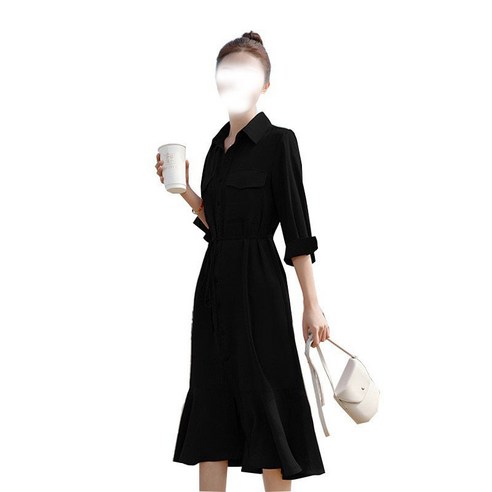 스타일리시한 원피스 여 가을 하늘하늘 날씬해 보이는 패션 2023 허리 조임 미디 기장의 롱 원피스