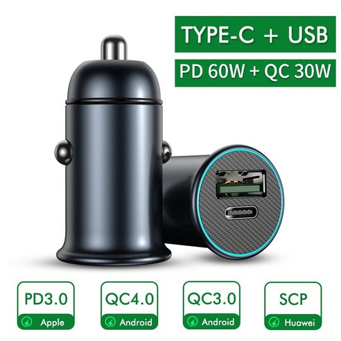 60W 미니 PD 자동차 충전기 USB-C 플래시 충전 QC3.0 자동차 충전, PD QC3.0(CR-02C,USB typec ,PD, 블랙