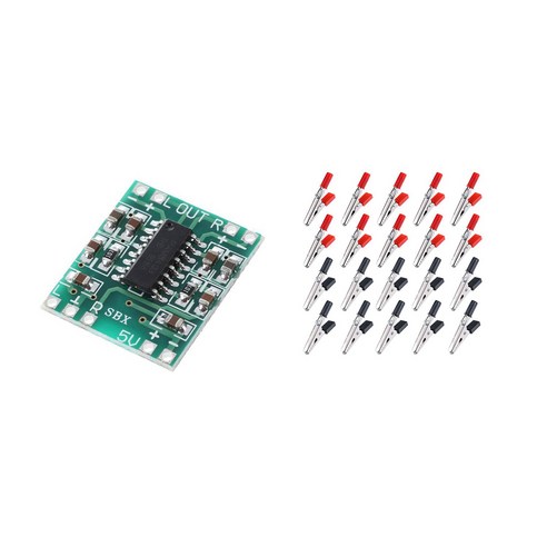 AFBEST 1x PAM8403 오디오 모듈 USB DC 5V 클래스 D 디지털 증폭기 보드 LCD 및 20개 45mm 플라스틱 손잡이 금속 악어 클립(검정 빨강), 보여진 바와 같이
