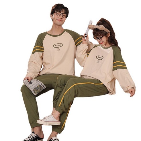 ANKRIC 수면잠옷 커플 잠옷 여 봄가을 순면 긴팔 트레이닝 캐주얼 남성 빅사이즈 겨울 면 풀슬립