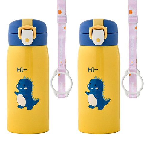 코코메이트 원터치 보온보냉 공룡 텀블러(350ml) 스트랩세트, 옐로우+옐로우