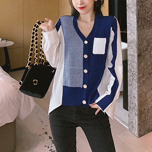배색 셔츠 가디건 여성 브이넥 니트 데일리룩 남방