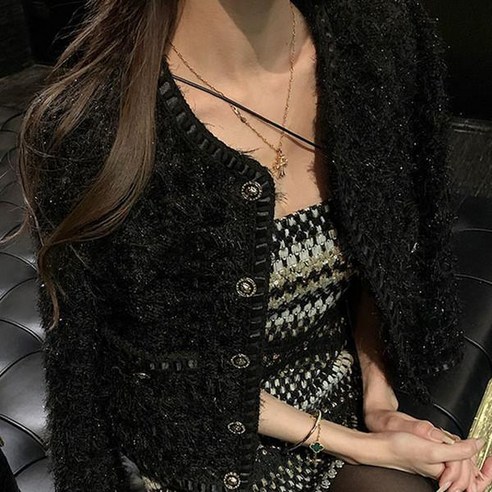 라운드넥 단톤 여성 트위드 클럽 봄 가을 자켓