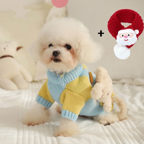 BAJIU 패딩 조끼 겨울 강아지 옷 러블리 곰돌이 스웨터+1산타 스카프, 푸른 색