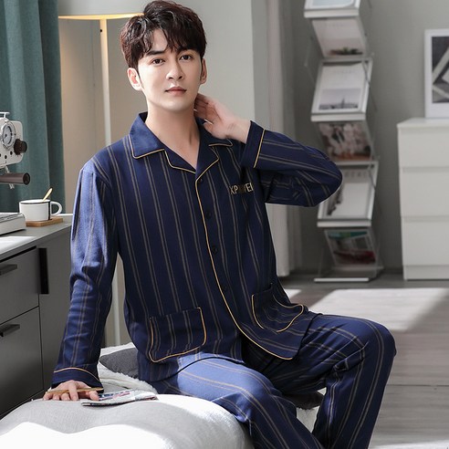 smy잠옷 남성용 봄 가을 겨울 코튼 느슨한 투피스 카디건 남성 코튼 긴 긴팔 홈 줄무늬