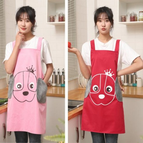 2피스 주방 앞치마 귀여운 손 닦는 앞치마 방수 가정용 방유 및 방오 작업 앞치마, 핑크+레드