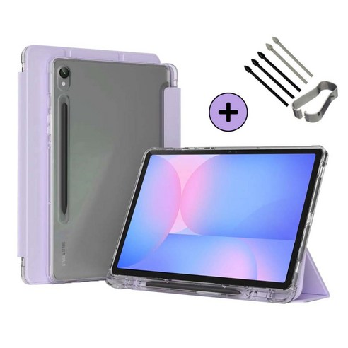 갤럭시탭 S10 FE / S10 FE 플러스 S펜슬 수납 투명 클리어 케이스 북커버 아이친구, 퍼플, 1개