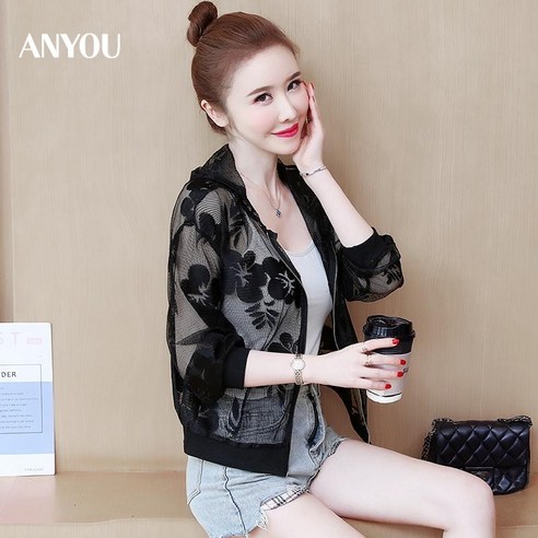 ANYOU 여성 여름 린넨 망사 캐주얼 자켓패션이루 레이스 볼레로 가디건 숏 미니 시스루 여성 봄 여름 후드 여성가디건