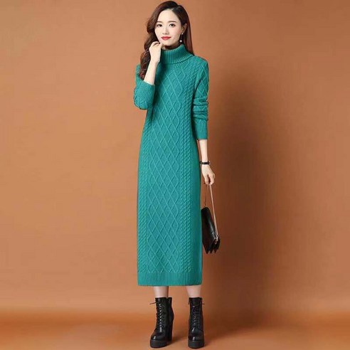 【TOW】 여성 높은 칼라 두꺼운 겨울 긴 Overknee 스웨터 드레스 코트 니트 기본 드레스
