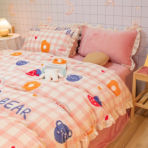 산호 벨벳 4종 세트 겨울 두꺼운 우유 벨벳 양면 벨벳 보온 프렌치 벨벳 크리스탈 벨벳 침대 시트 침대용품, 딸기