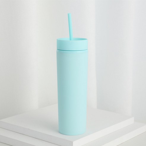 KORELAN 16oz 이중 플라스틱 직통 컵 고무 페인트 직신 빨대 컵 대용량 냉음료 핸드컵, 연두색
