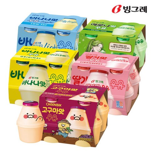 빙그레 단지우유 4종 바나나우유+딸기우유+메로나우유+바나나라이트, 48개, 240ml