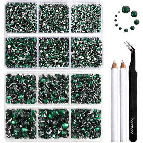Beadsland(비즈랜드) 네일 아트 공예용 8300PCS 플랫백 라인석 세트 왁스 펜슬 및 핀셋과 혼합된 10가지 크기 SS3-SS30, 8300개, 에메랄드