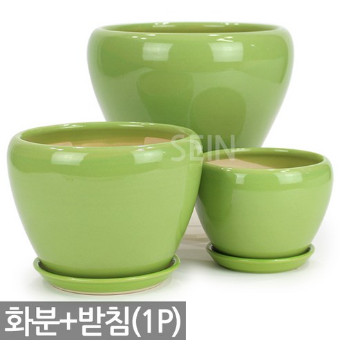 애플 화분 받침세트 1P - 화분 화분세트 도자기 중형 대형 식물 분갈이 컬러 인테리어 세라믹 광택 매장 거실 베란다 화초 칼라 둥근 원형 토분, 1개, 그린 애플화분