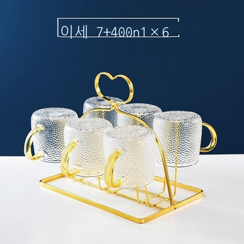 Hengyang풍 유리컵 가정용 세트 벨트 손잡이 뚜껑 내열 대용량 두꺼운 차 컵 벨트 여과망 망치 무늬 컵 받침(ml), 망치 무늬 물컵 6개(400ml) + 심형 컵걸이