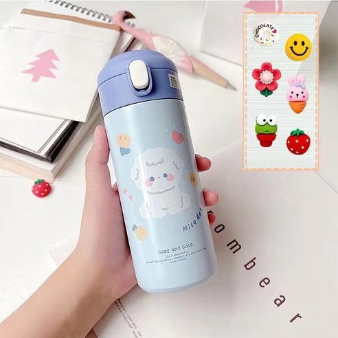 304 스테인레스 스틸 절연 컵 밀짚 컵 성인 숙녀 휴대용 간단한 물 컵 컵, 빨대 [바비 블루] 380ml, +DIY 3D 스티커