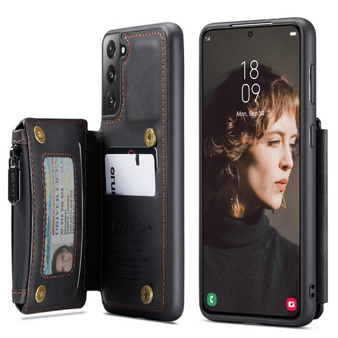 삼성 갤럭시 S21 FE 휴대 전화 케이스에 적합 마그네틱 가죽 지퍼 플립 전화 케이스 삼성 갤럭시 S21 FE 카드 포켓 지갑 휴대 전화 케이스에 적합