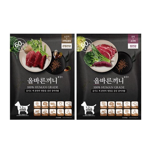 국개대표 반려동물 올바른끼니 소고기+초록입홍합 1.2kg 오리+고구마 1.2kg 세트, 1세트, 소