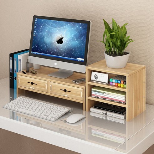【Computer Rack】【컴퓨터 랙】자궁 경부 척추 보호 컴퓨터 디스플레이 화면 높은 선반 사무실 데스크탑 컴퓨터베이스 책 데스크탑 스토리지 랙, 더블레이어파티션+세레이어얕은호두(2서랍)
