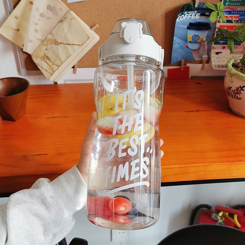 【휴대용 물병】여성 물 컵 슈퍼 대용량 공간 큰 배꼽 컵 짚 높은 외관 및 고온 저항 물병 컵, 투명2000mL+스트랩