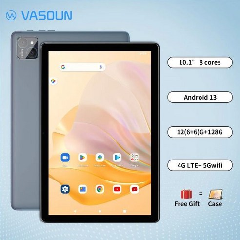 VASOUN 안드로이드 13 태블릿 10.1 인치 12GB(6 + 6 확장) RAM 128GB ROM 옥타 코어 듀얼 SIM 4G 잠금 해제 2.4G 5G WiFi G, 없음, 2) Grey with case - European r