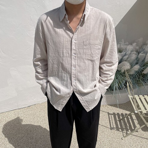 남자 여름 시원한 린넨 바이오워싱 포켓 카라 면 기본 긴팔 셔츠