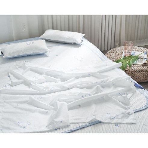 (세탁망 증정) 레오나 듀라론 유아 쿨매트 냉감이불 어린이집 여름 낮잠이불세트, 쿨베어 홑이불(100x120)+베개(커버+솜), 그레이