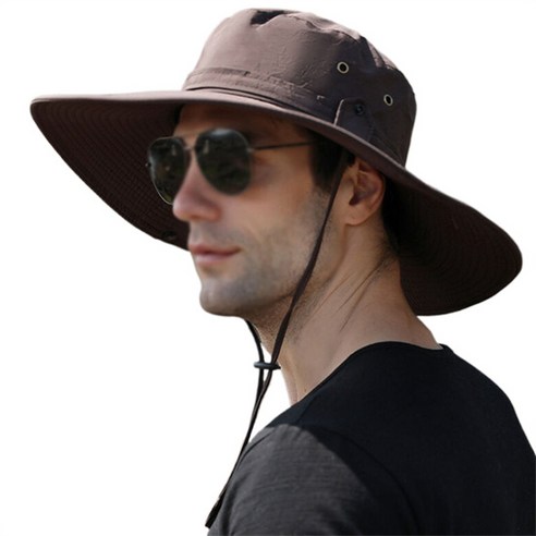 따봉오빠 남성 와이드챙 여름 햇빛 통기성 캠핑 농사 등산 방수 턱끈 벙거지 모자 YY5228, 브라운