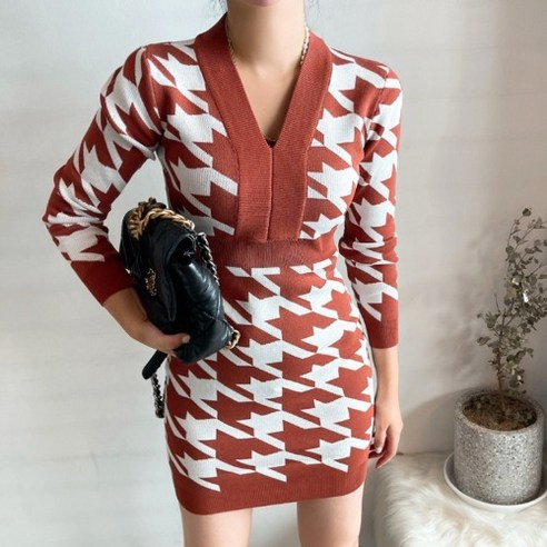 한국어 세련된 가을 겨울 레트로 우아한 V 넥 닫기 피팅 천 버드 격자 무늬 짧은 니트 드레스 여성 스웨터 드레스