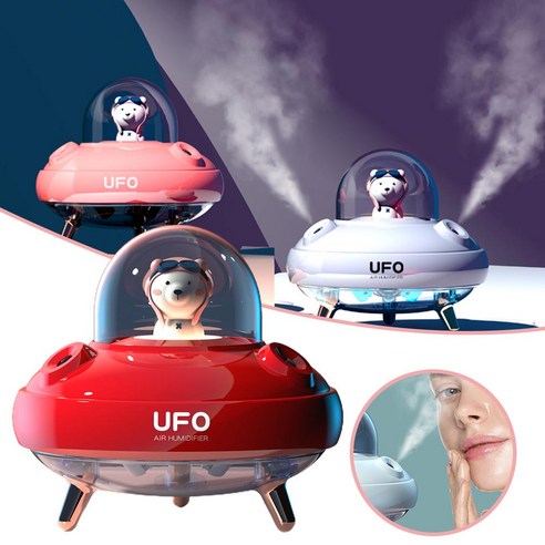 BESTOPE 다채로운 조명이있는 400ml UFO 더블 스프레이 가습기 만화 침묵의 가정용 물 보충, 스토리지 배터리 레드