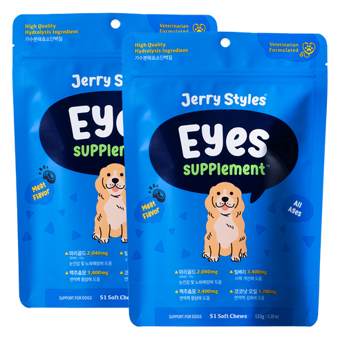 동물병원 강아지 눈/눈물 영양제 제리스타일스 아이즈 파우치 153g 51chews, 51정, 눈물개선/눈건강, 2개