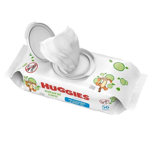 아기 물티슈 Huggies 내추럴 케어 리프레싱 아기 기저귀 물티슈 저자극성 향 플립 탑 팩 1개 (총 56장), 56 Count (Pack of 1)