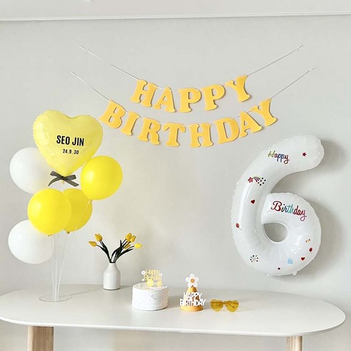 연지마켓 생일가랜드 생일 파티 용품 세트 숫자 하트 풍선 (자유레터링), 6, 1세트, 옐로우