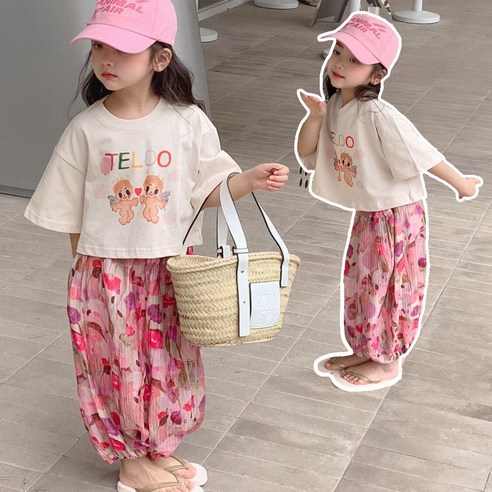 소소키즈 여아 엔젤 반팔 라운드 티셔츠 냉장고 주름 바지 상하세트 아동 키즈 주니어 여름 캐쥬얼