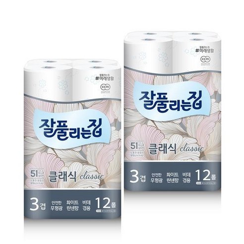 잘풀리는집 깨끗한 3겹 화이트 27m x 12롤 x2팩, 2개