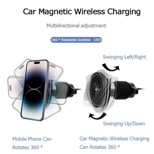자석 차량용 휴대폰 거치대 무선 충전기 아이폰 15 14 13 삼성용 15W 맥세이프 다목적 스탠드, Black