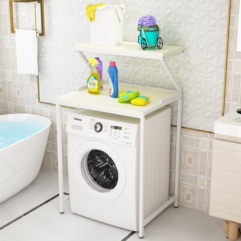 세탁기선반 베란다수납 다용도실 드럼세탁기 수납앵글, 2층 (흰색 프레임 + 흰색 단풍 나무 보드)개