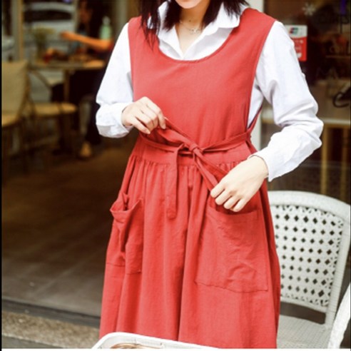 옆트임 예쁜원피스앞치마 장금이 린넨 카페바레스타 어린이집 윤스테이여름 제인파커 보육교사 빅사이즈, 레 드, 1개
