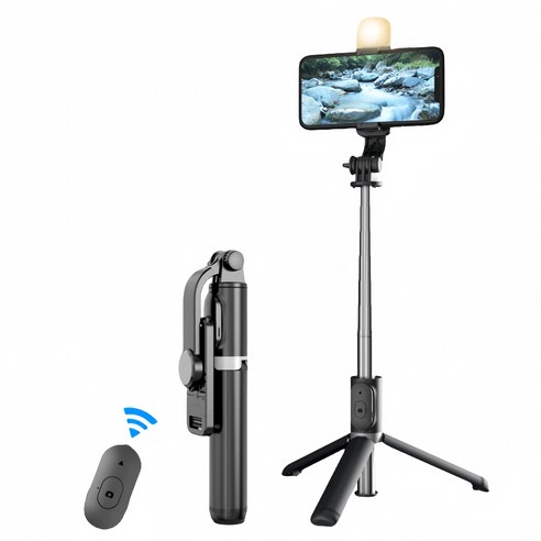 Montheria 무선 블루투스 삼각대 셀카봉 (조명포함) 셀카봉삼각대 C395-134, 블랙
